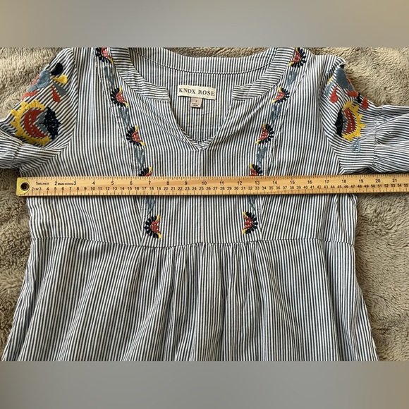 Knox Rose Embroidered 3/4 Ballon Sleeve Dress Sz S blue and white striped boho - Picture 10 of 11